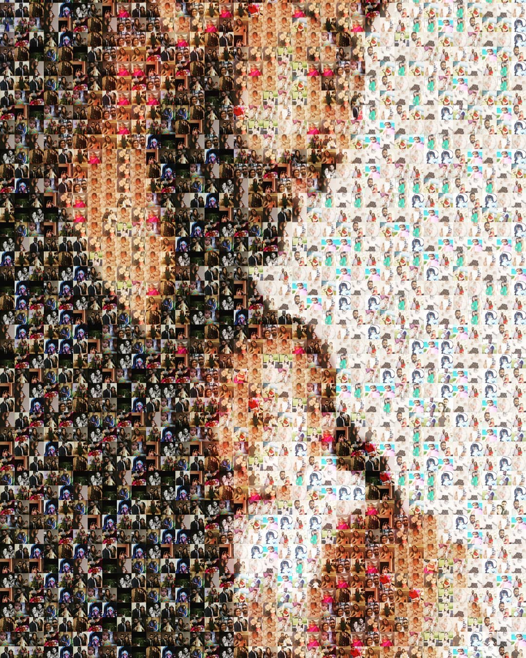Close-up of photo mosaic tiles showing individual pictures